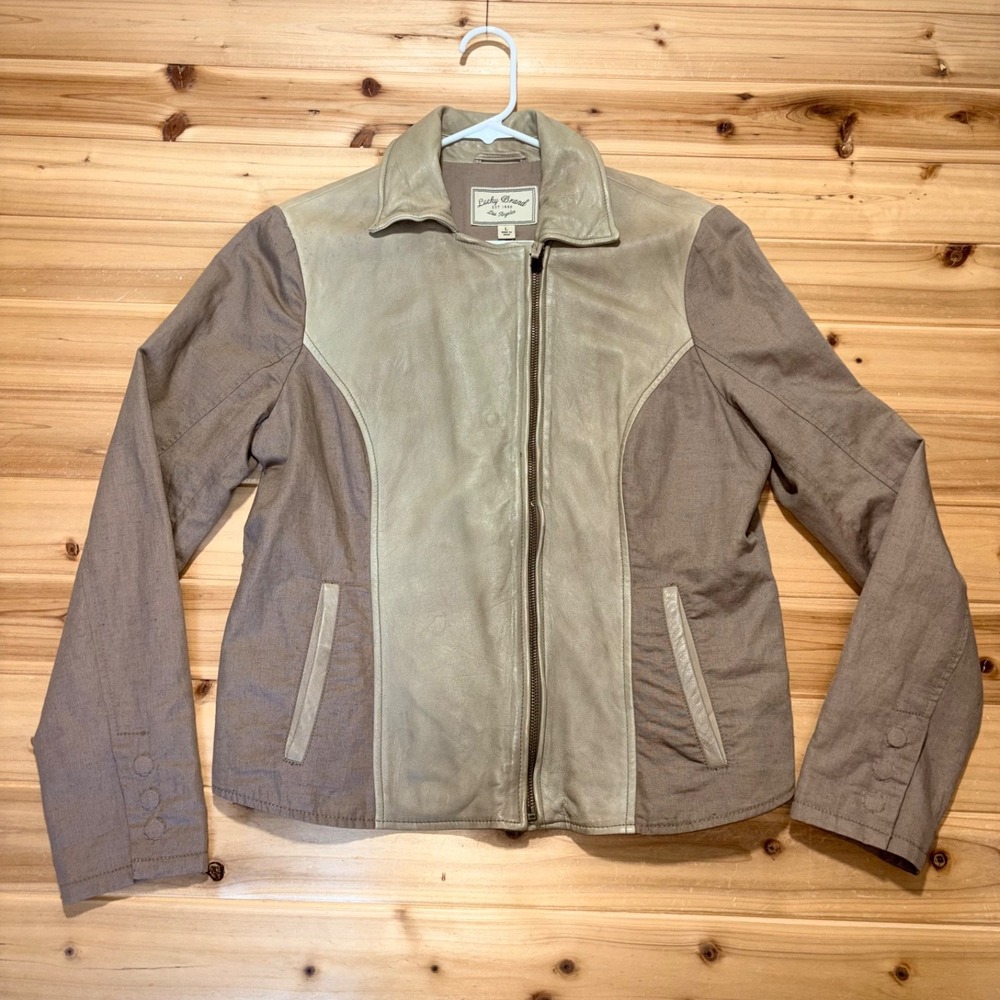 Lucky Brand Jacket Womens Large Taupe Lamb Leather Linen Paneled Moto Jacket